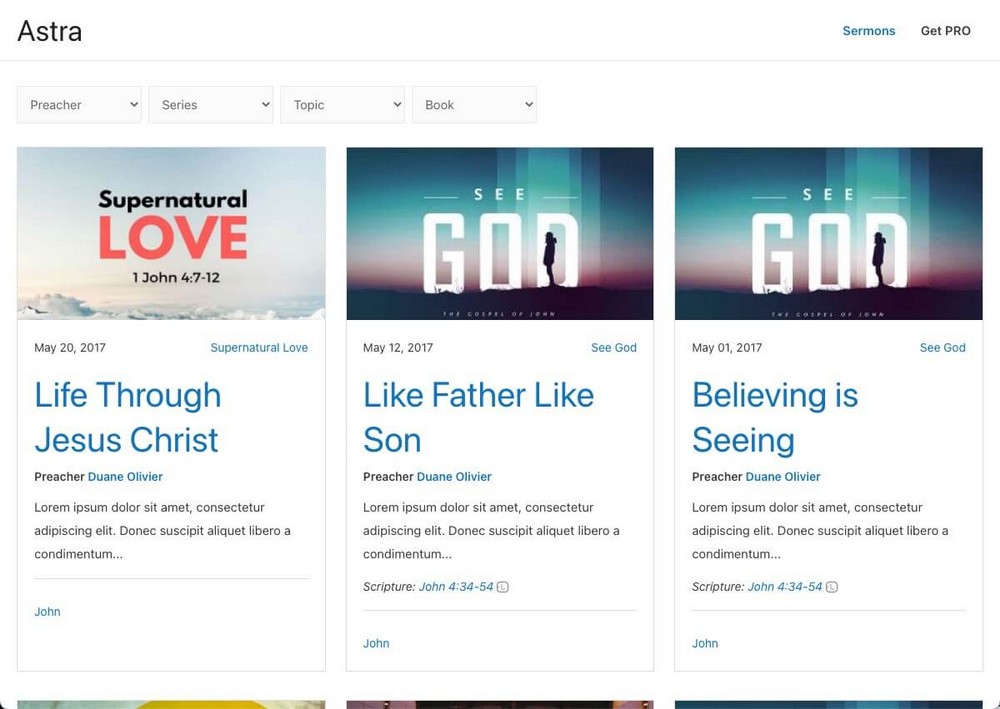 How To Build a Church Website With WordPress Using Free Tools Example of sermon manager on Astra