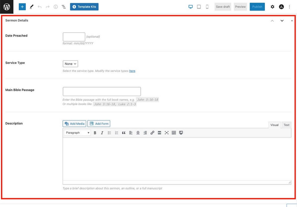 How To Build a Church Website With WordPress Using Free Tools Sermon Manager details