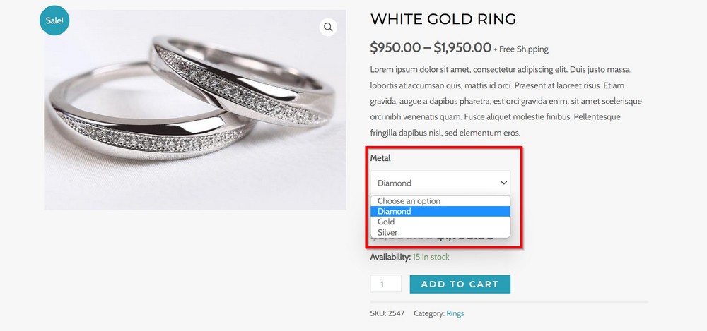 How To Start a Jewelry Business Online (Step by Step Guide) variation - default drop down field on product page