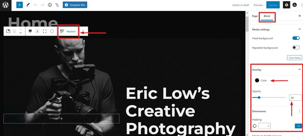How To Create a Photography Website – Beginner's Guide webpage edit mode - image editing and replacing options