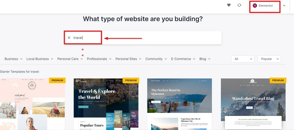 How To Create a Travel Website With WordPress in Just 5 Steps choose elementor and travel to search astra template
