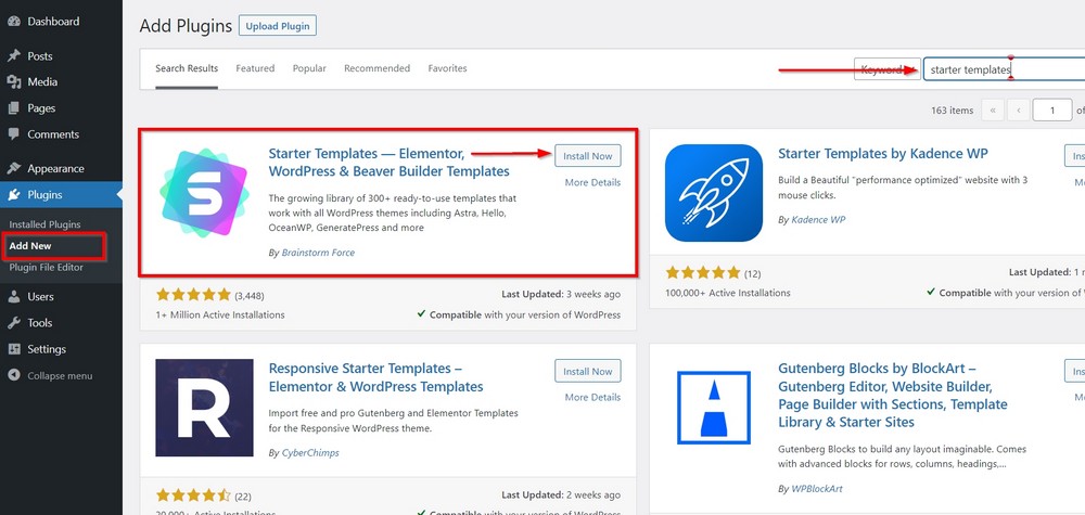 How To Create a Travel Website With WordPress in Just 5 Steps install starter templates plugin to create a travel website