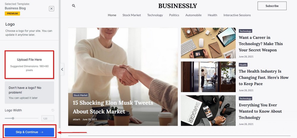 How To Create an Online Magazine Website With WordPress select logo and continue