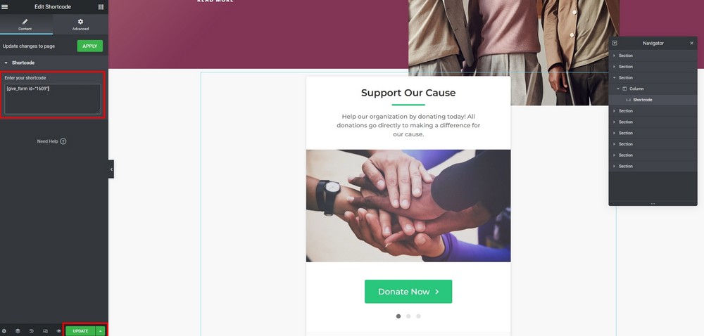 How To Create a Nonprofit Website Using WordPress and Free Templates select the Shortcode block from the Elementor menu