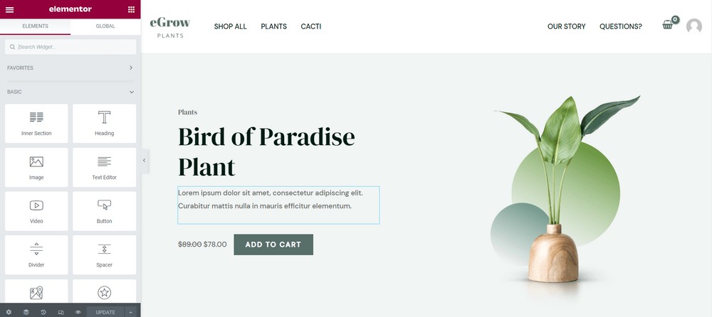 How To Sell Plants Online From Home - Beginner’s Guide Elementor editor panel
