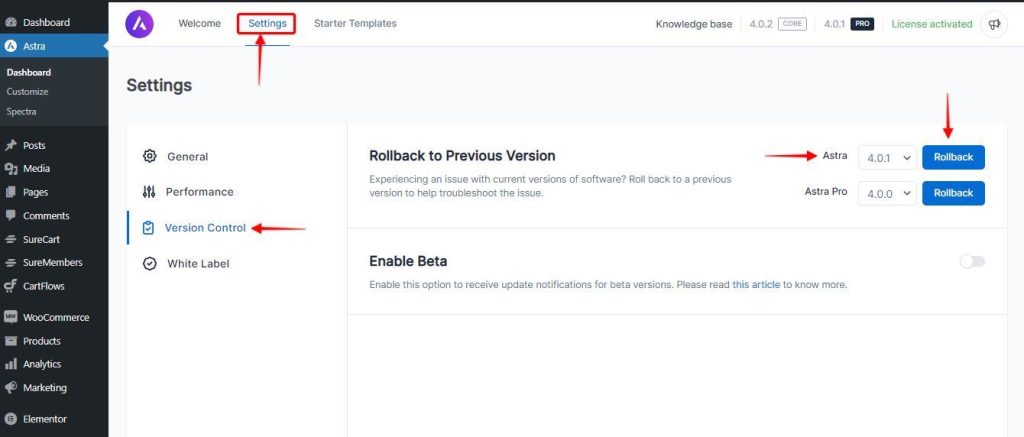 FAQs - Astra Header/Footer Builder - Existing Customers Astra Roll Back 1024x437