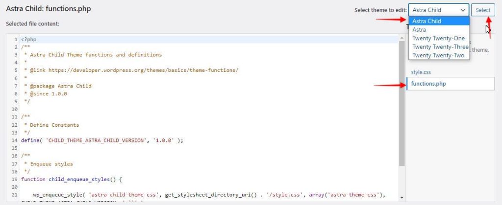 How to Add Custom PHP Code? ast-theme-editor-child-theme
