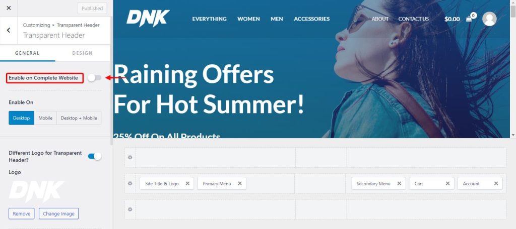 Transparent Header in Astra Theme transparent header enable on complete website