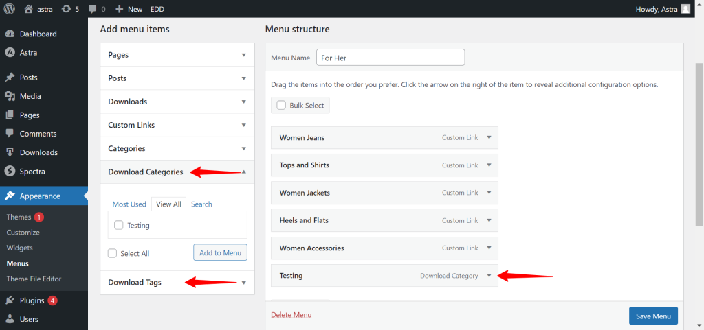 How to Add Download Archive Pages to the Menu When Using Astra with EDD? EDD Menu 1024x481