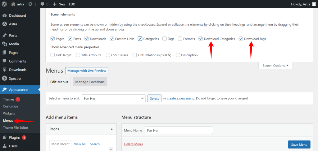 How to Add Download Archive Pages to the Menu When Using Astra with EDD? Download Categories 1024x488