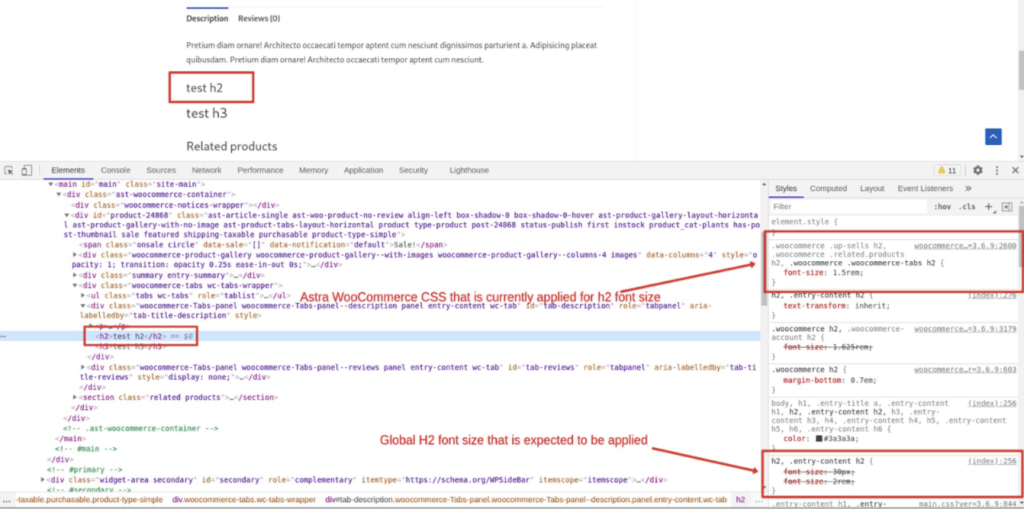 Astra WooCommerce CSS overriding Global H2 tag font size on product page Astra WooCommerce CSS overriding Global H2 tag font size on product page