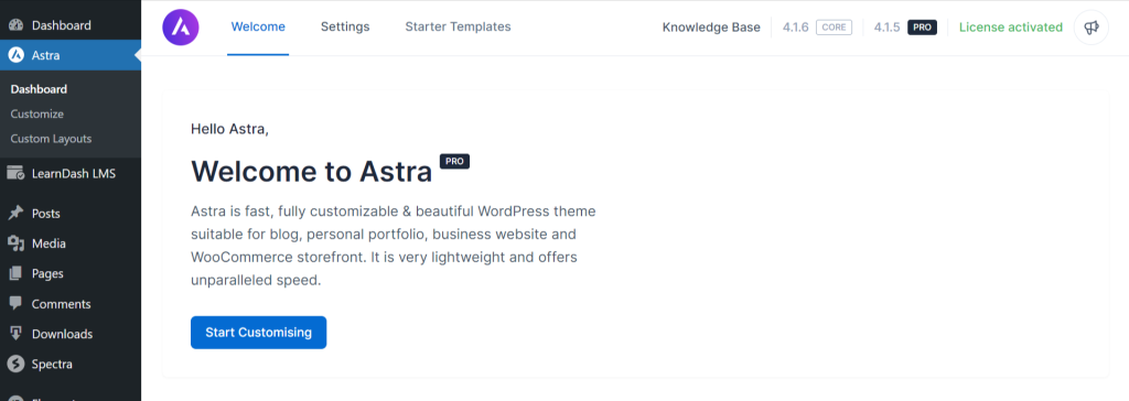 Enable/Disable YouTube videos from Astra admin dashboard Astra Dashboard 1 1024x364
