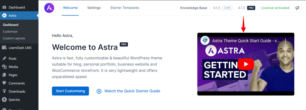 Enable/Disable YouTube videos from Astra admin dashboard Astra Dashboard 1024x369