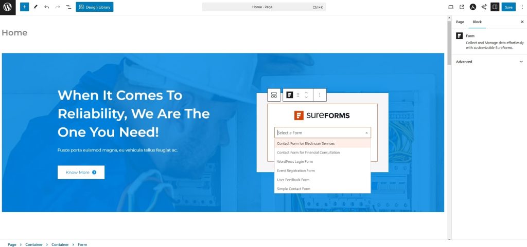 Stay Connected: Add a Contact Form to Your WordPress Website Add SureForms Block on Homepage