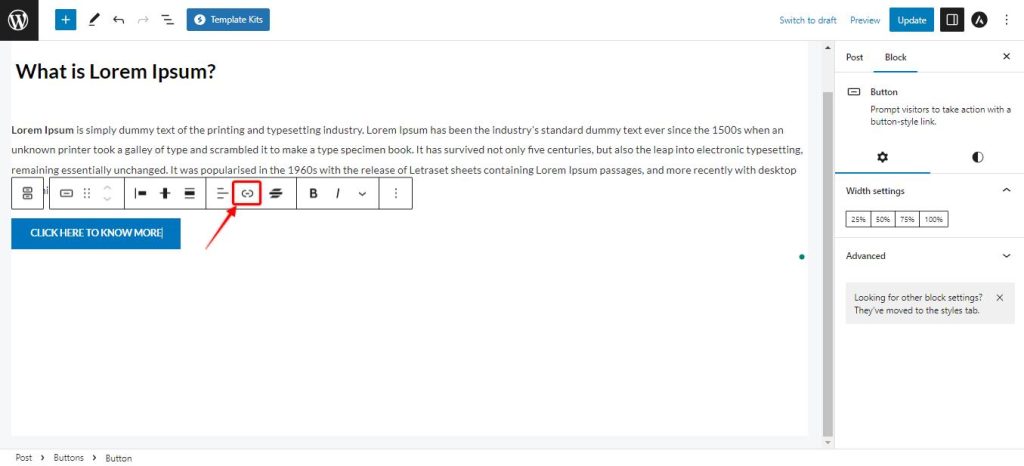 How to Create a Button with a Link Edit_post_add_block_buttons_link