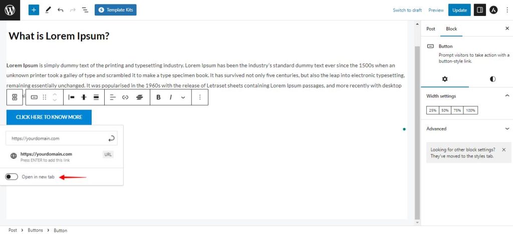 How to Create a Button with a Link Edit_post_add_block_buttons_link_new_ta