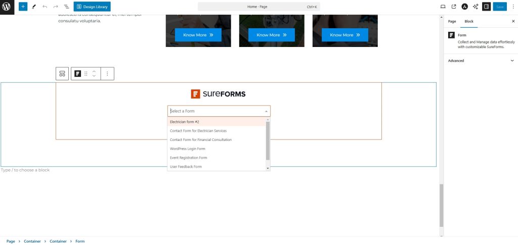 Stay Connected: Add a Contact Form to Your WordPress Website Selecting SureForms on Block Editor