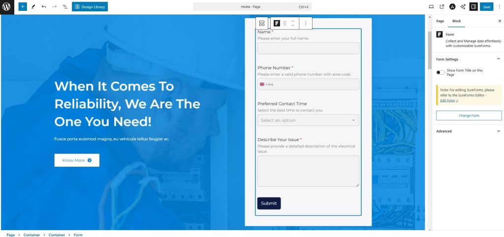 Stay Connected: Add a Contact Form to Your WordPress Website SureForms on the Hero Section