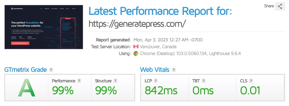 Putting Astra Alternatives to the Test: Which WordPress Themes Measure Up? GTmetrix grade for GeneratePress