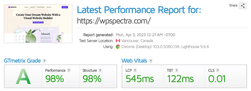 Putting Astra Alternatives to the Test: Which WordPress Themes Measure Up? GTMetrix score for Astra theme on Spectra site