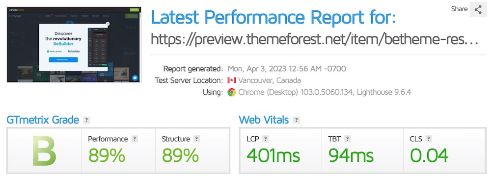 Putting Astra Alternatives to the Test: Which WordPress Themes Measure Up? GTmetrix score for Betheme