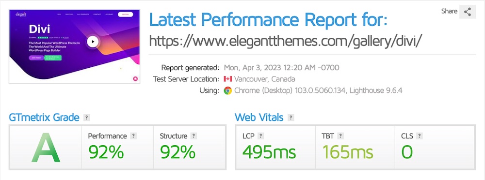 Putting Astra Alternatives to the Test: Which WordPress Themes Measure Up? GTmetrix score for Divi
