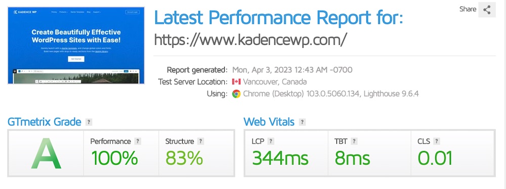 Putting Astra Alternatives to the Test: Which WordPress Themes Measure Up? GTmetrix score for Kadence theme