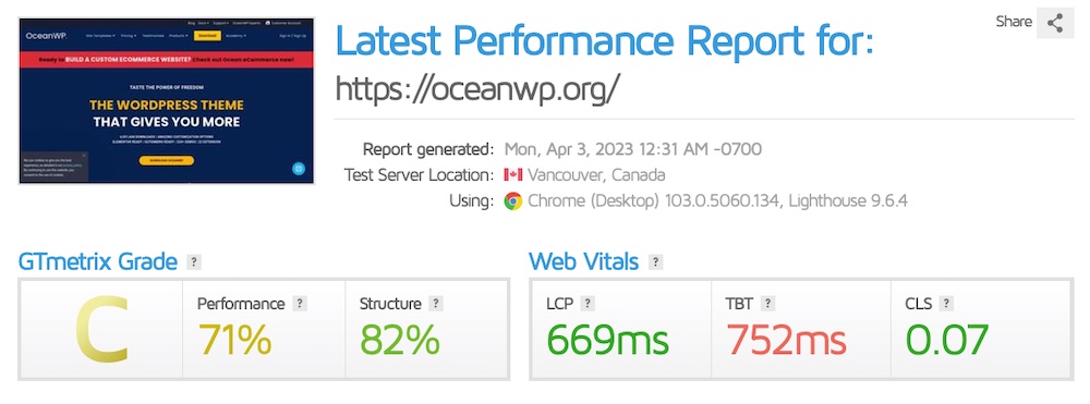 Putting Astra Alternatives to the Test: Which WordPress Themes Measure Up? oceanwp gtmetrix score