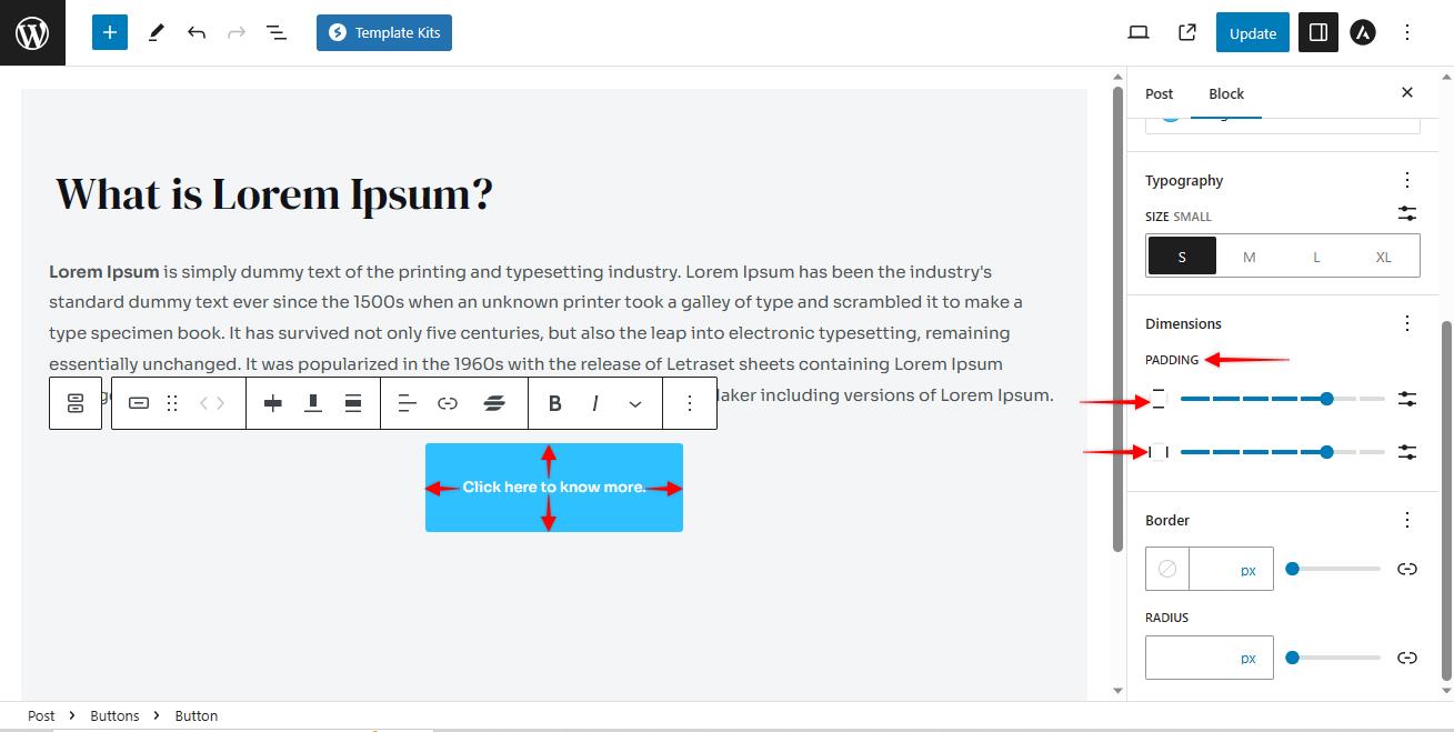 How to Customize Button in Gutenberg Editor astra button typography padding