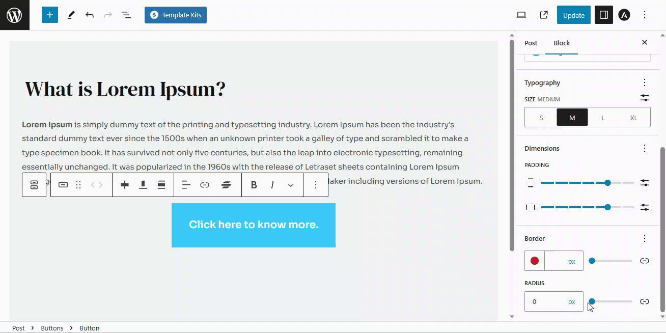How to Customize Button in Gutenberg Editor astra button typography border radius