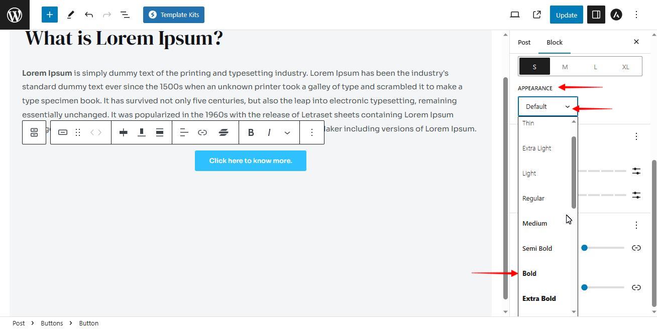 How to Customize Button in Gutenberg Editor astra button typography appearance