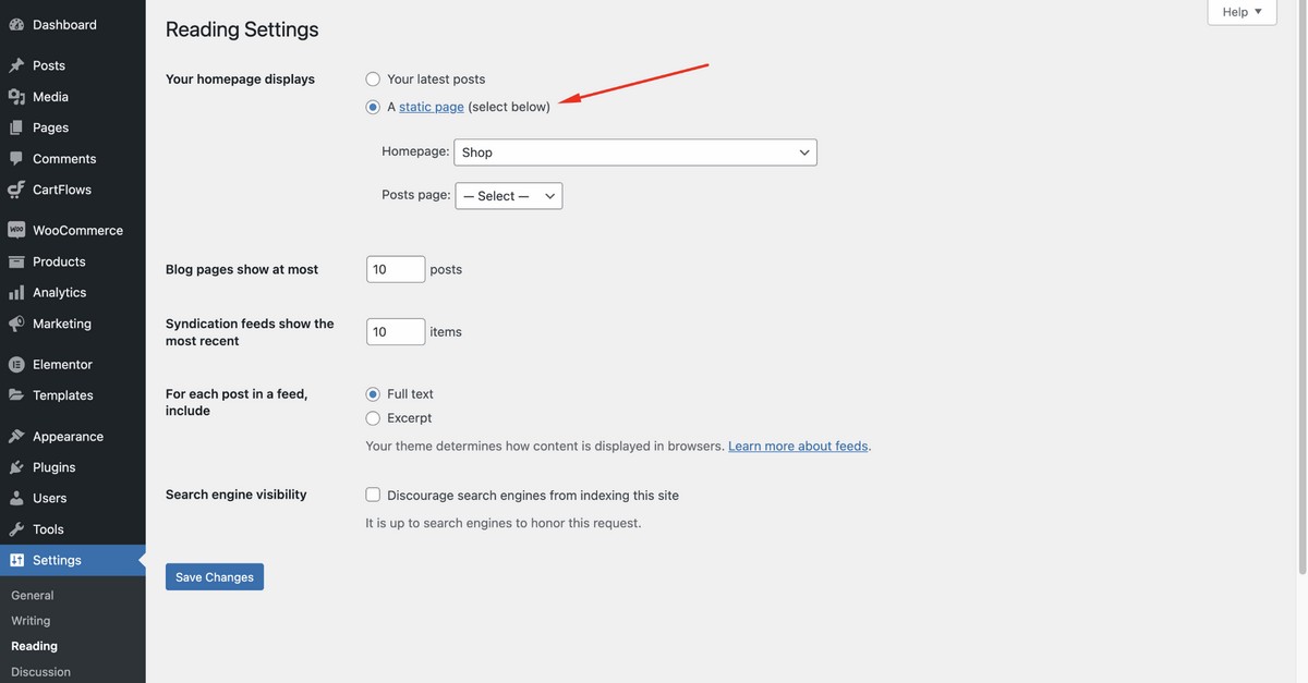 How To Create Effective Landing Pages for eBooks select a static page option