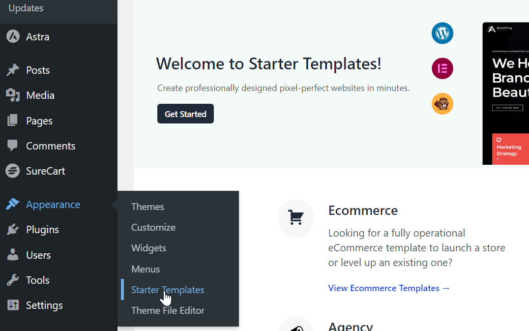 How To Build a WordPress Website Using Astra Pro and Cloudways Hosting selecting a template