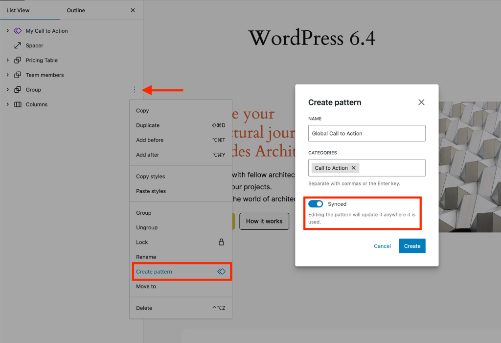 WordPress 6.4 - Features to Expect (First Look and Screenshots) Synchronize Patterns 1024x703