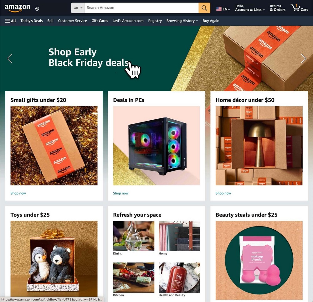 Black Friday Website Examples + Readymade BFCM Templates Amazon Black Friday homepage