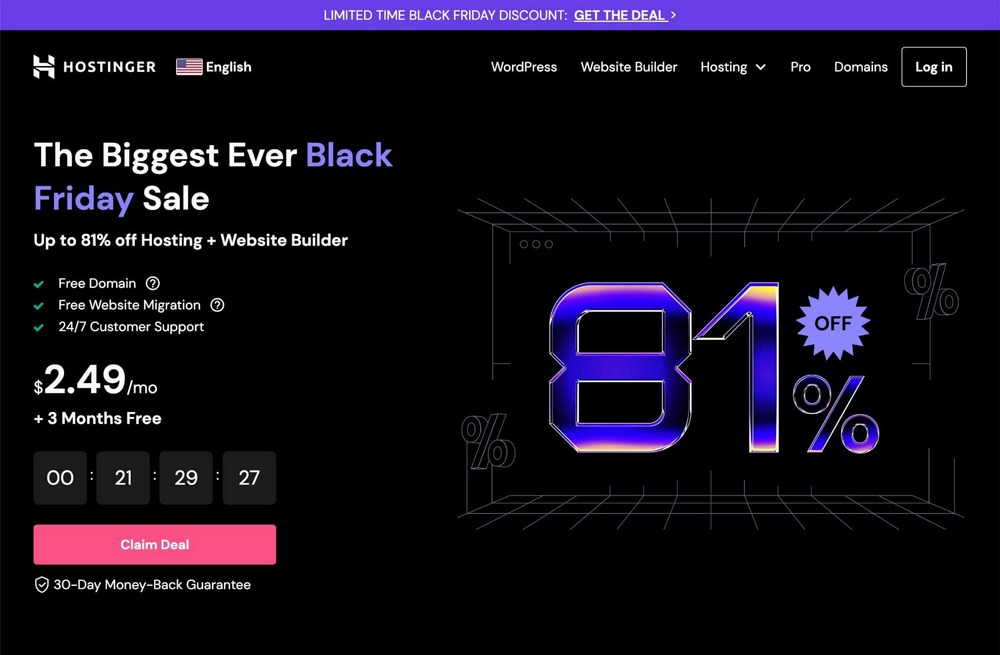 Black Friday Website Examples + Readymade BFCM Templates Hostinger Black Friday landing page example