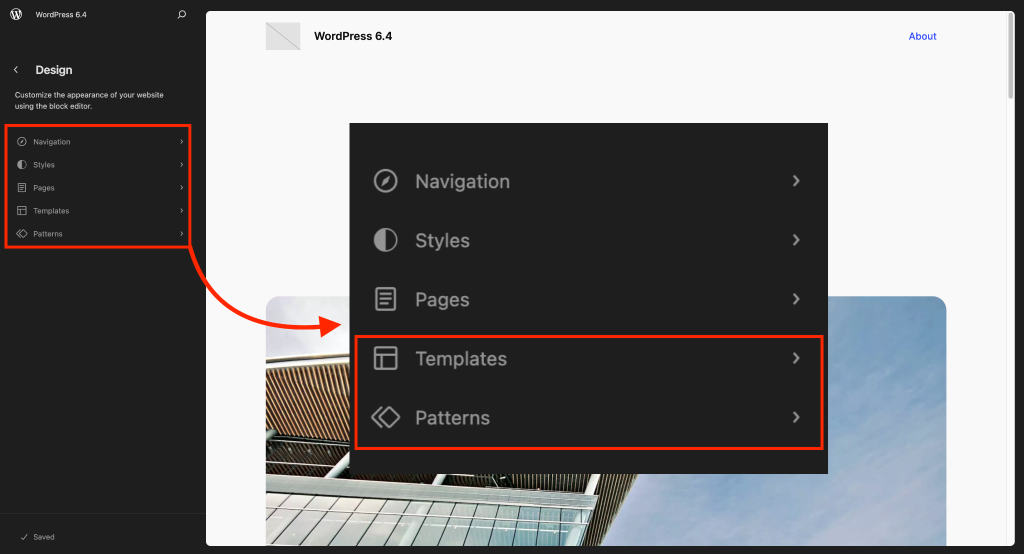 WordPress 6.4 - Features to Expect (First Look and Screenshots) New Templates And Patterns Menu 1024x554