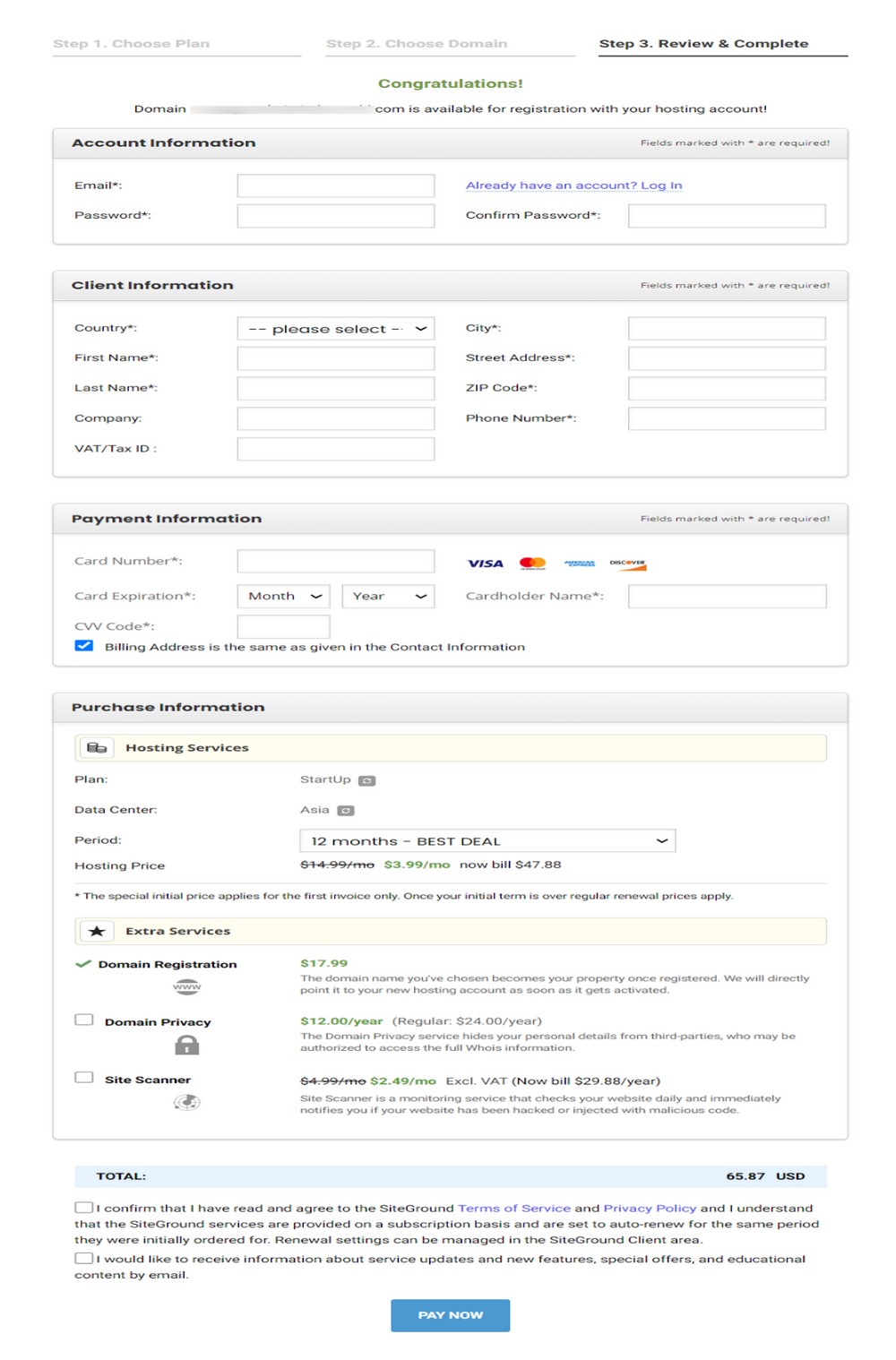 How To Create a Stunning One Page Website (Step-By-Step Guide) SiteGround checkout process