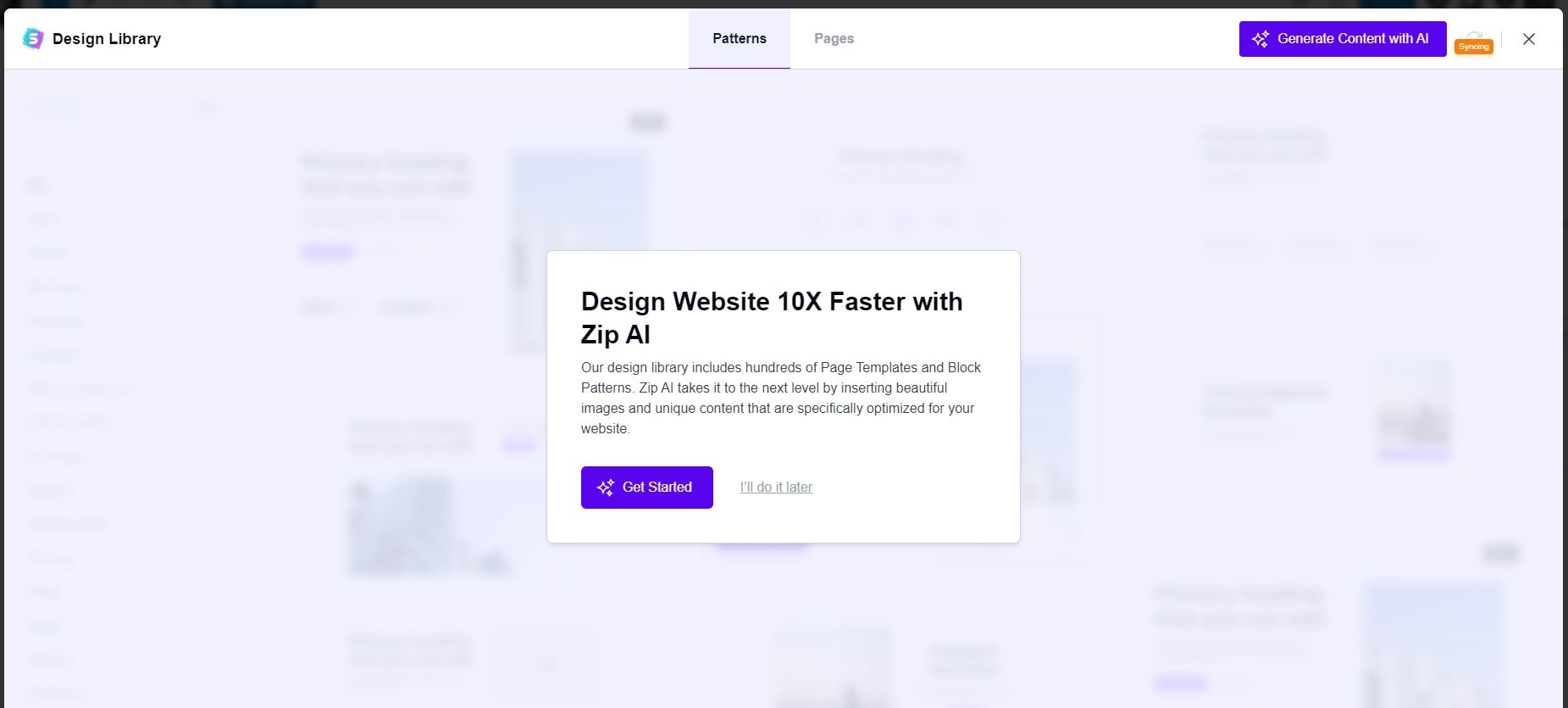 Starter Templates 3.5: Build Website 10x Faster With ZipAI welcome screen with a purple Get Started button