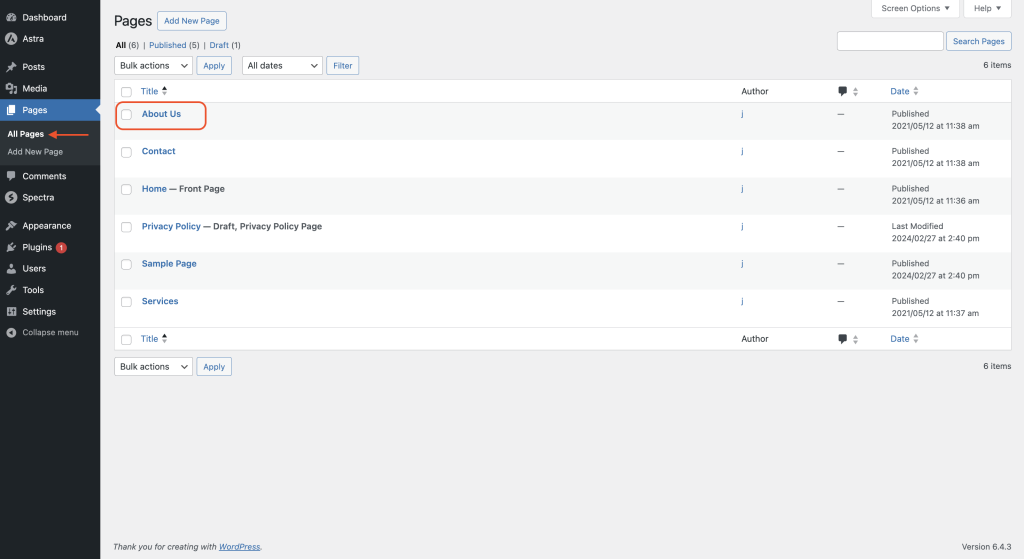 How to Disable Title on Posts, Pages, or Other Post Types? Select the preferred page by going to Pages > All Pages