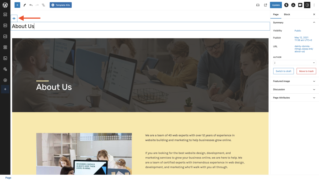 How to Disable Title on Posts, Pages, or Other Post Types? Place your cursor on the title block and click on the eye icon
