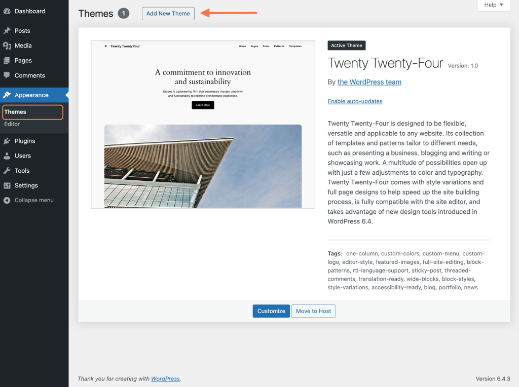 How To Install the Astra Theme Click Add New Theme