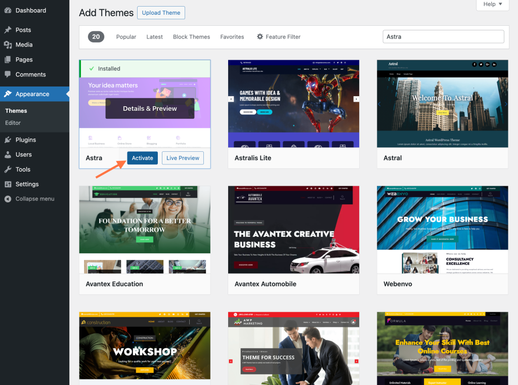 How To Install the Astra Theme Activate the Astra theme