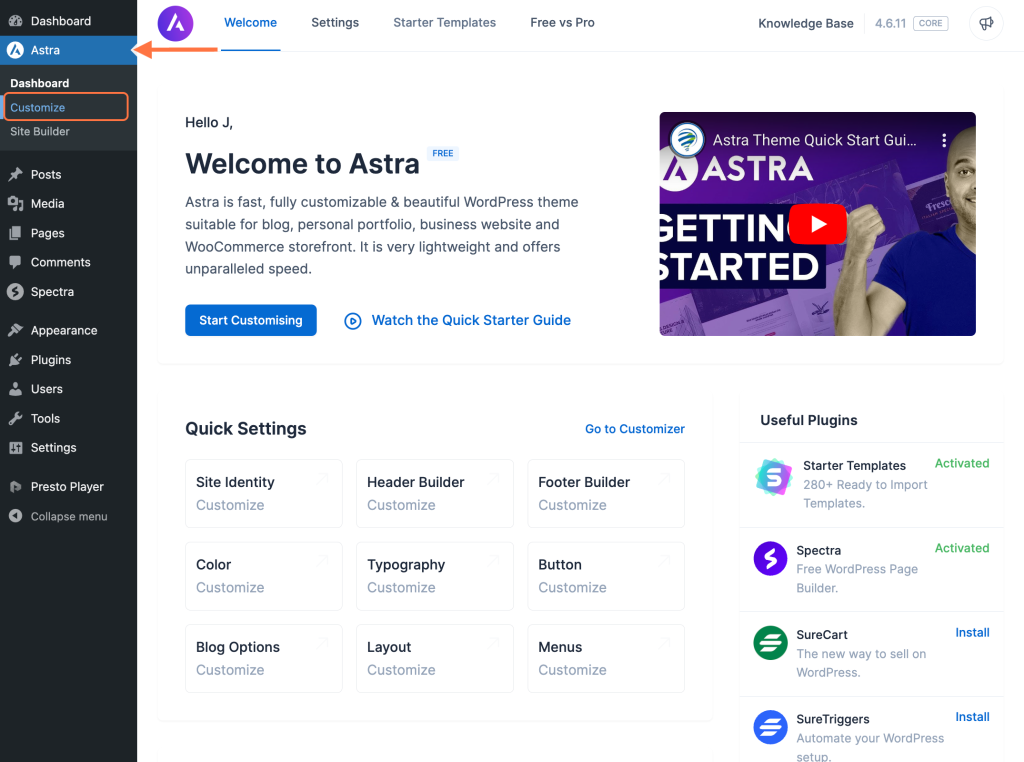 Stick Footer to the Bottom When Page Content is Less Go to your Astra dashboard from the top left and click on Customize