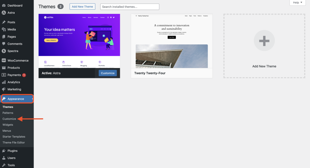 How to Add Button as Last Item in Menu? Navigate to the astra customizer