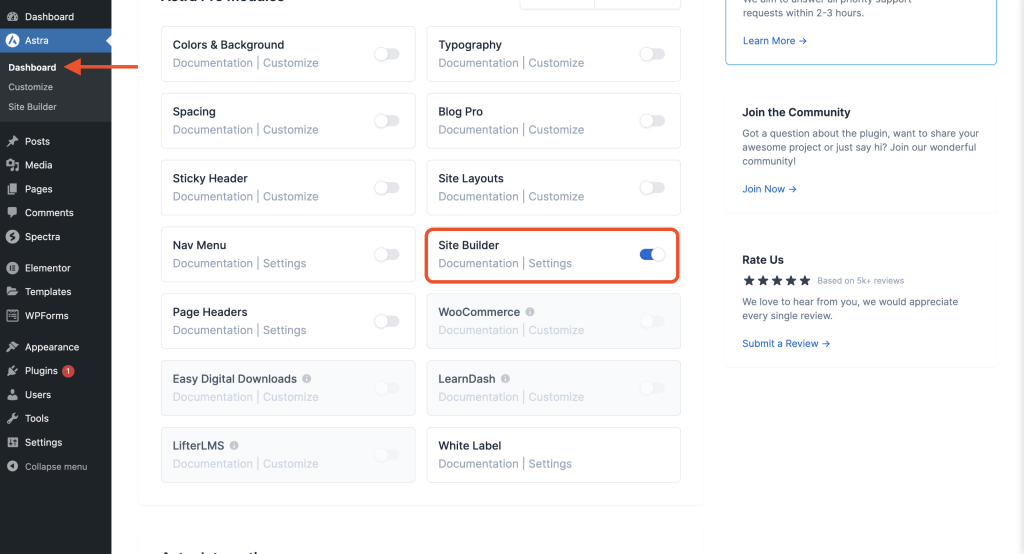 Quick Access to Edit the Site Builder & Page Header activate the site builder