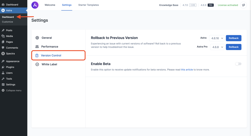 How Do You Roll Back to a Previous Astra Version Version Control