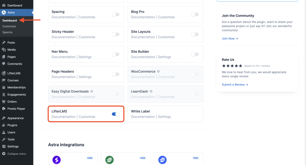 LifterLMS Integration in Astra Pro activate LifterLMS addon