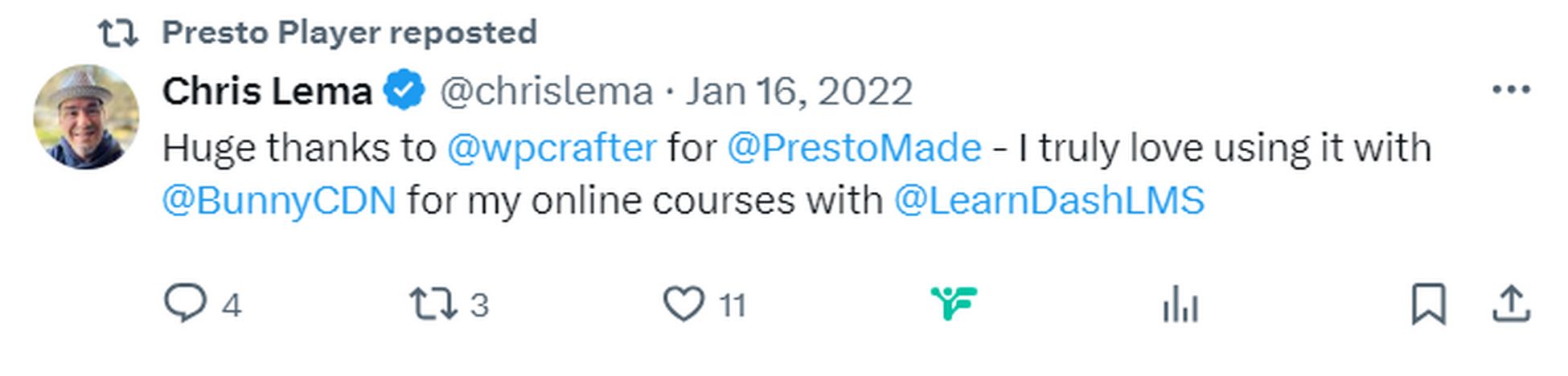 Presto Player Review: The Ultimate WordPress Video Companion? Presto player comment on twitter by chrislema