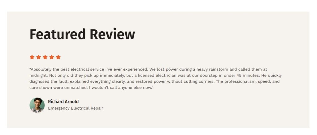 Introducing the Electrician Company Template Testimonials section